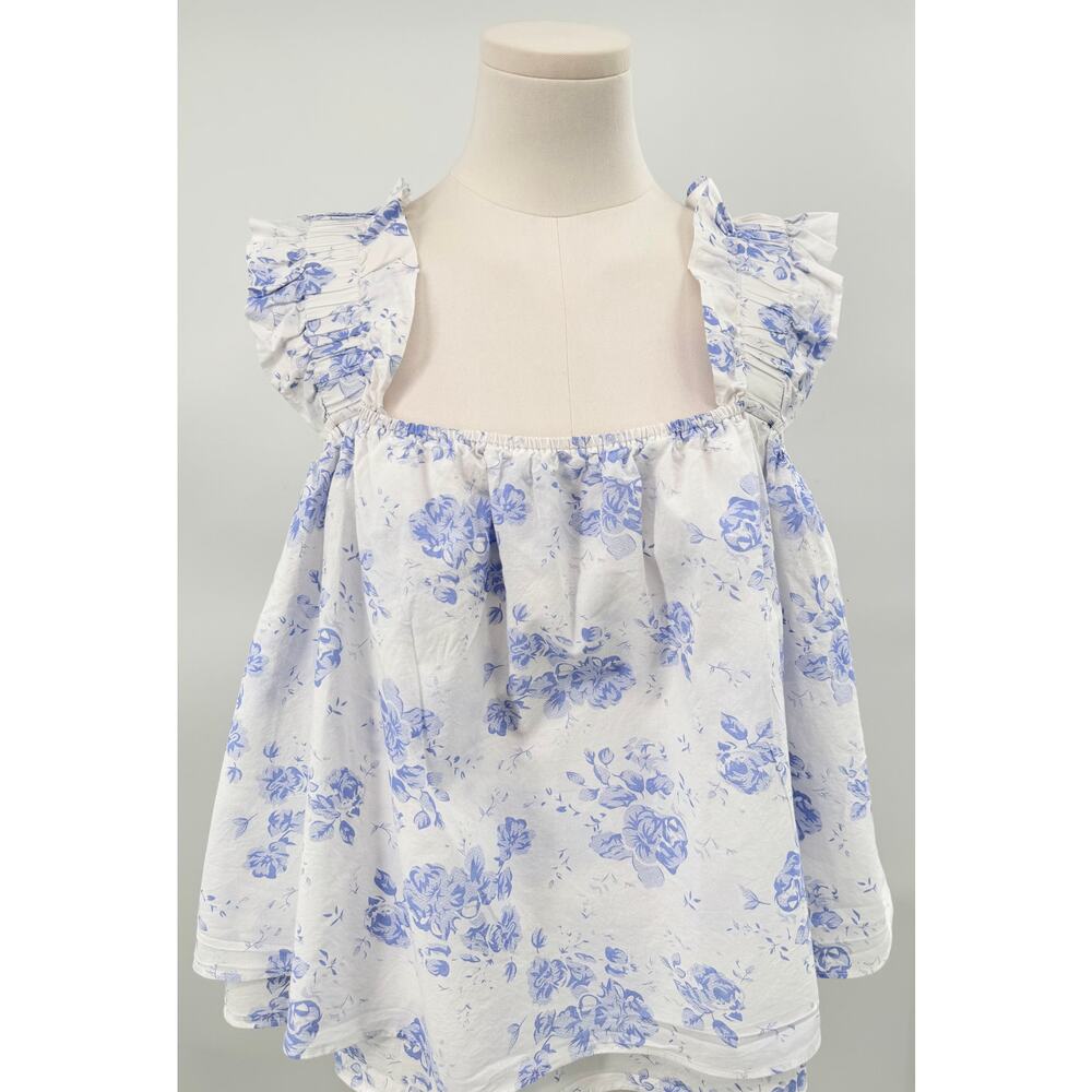 Hyacinth House Tuckernuck White Blue Ruffle Tank Blouse Sleeveless Floral Top M